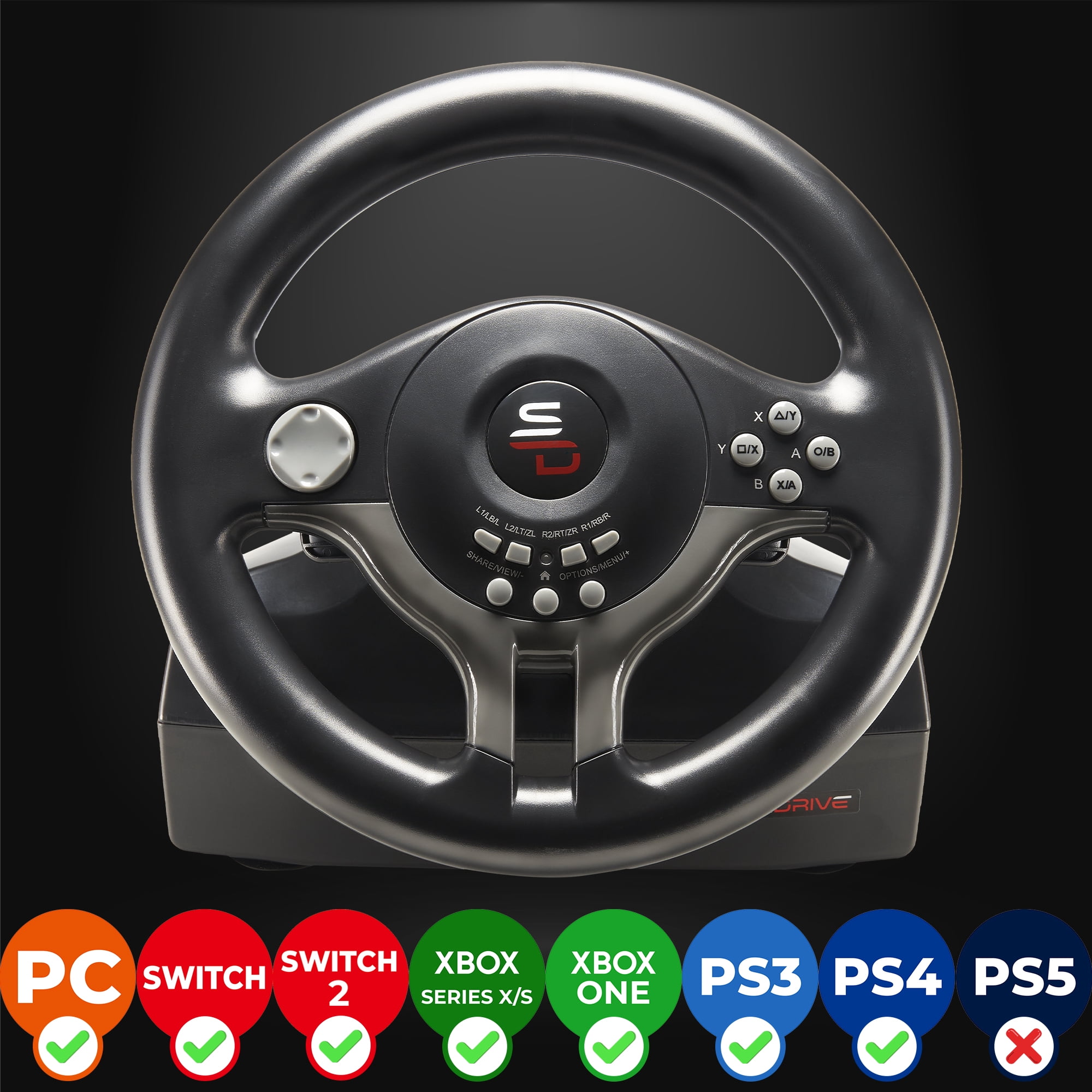 Subsonic - Superdrive SV250 Steering Wheel, 180° rotation, with pedals and Paddle Shifters. Compatible Switch 2 / Switch, PS4, PC, and Xbox – Black