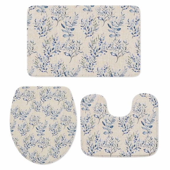 Vintage Blue Plant Bathroom Rugs Set Watercolor Flower Leaf Farm Country Non Slip Absorbent Soft Bath Mats 3 Piece Set with Bathroom Rug, U-Shaped Floor Mat, Toilet Seat Cover Large Size