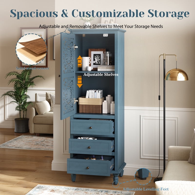 Vintage Storage Cabinet with Carved Door & 3 Drawers, Freestanding Decorative Sideboard, Display Cabinet with Adjustable Shelf