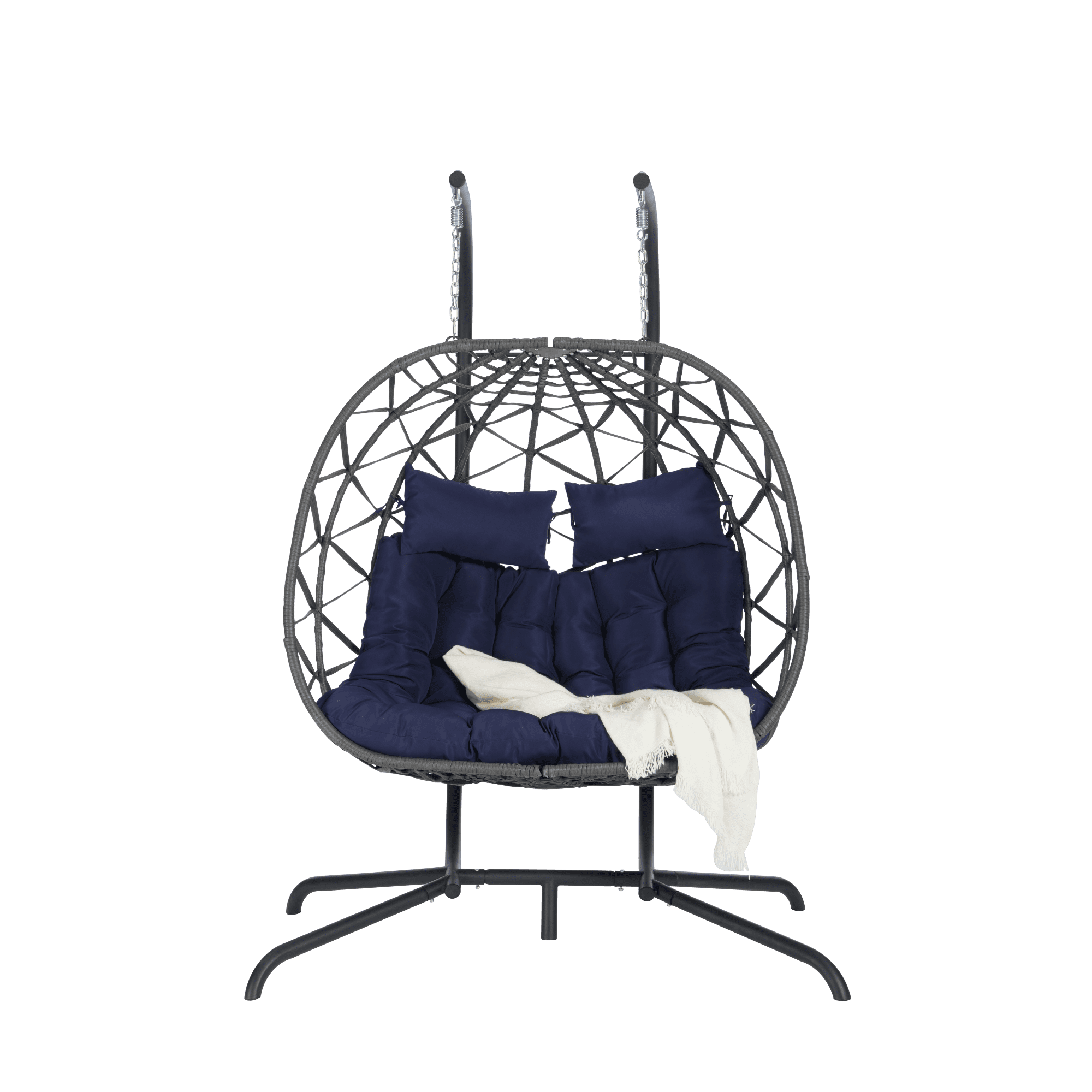 Leumius Double Egg Chair with Stand,Indoor Outdoor Wicker Swing Egg Hanging Chair with UV Resistant Cushions for Patio,Balcony,Porch,600 lbs,Dark Blue