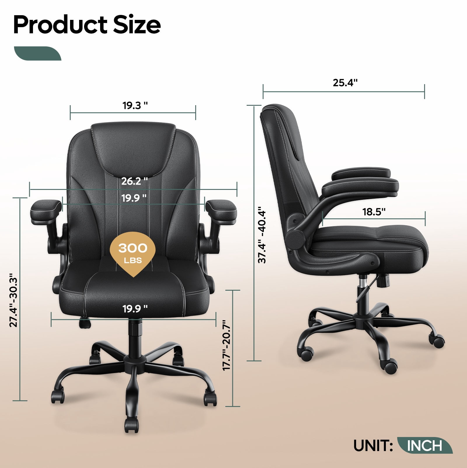 Pinmoco Ergonomic PU Leather Office Chair, High Back Executive Computer Desk Chair with Double-Layer Cushion, Swivel Gaming Chair with Wheels and Flip-Up Armrests, Black