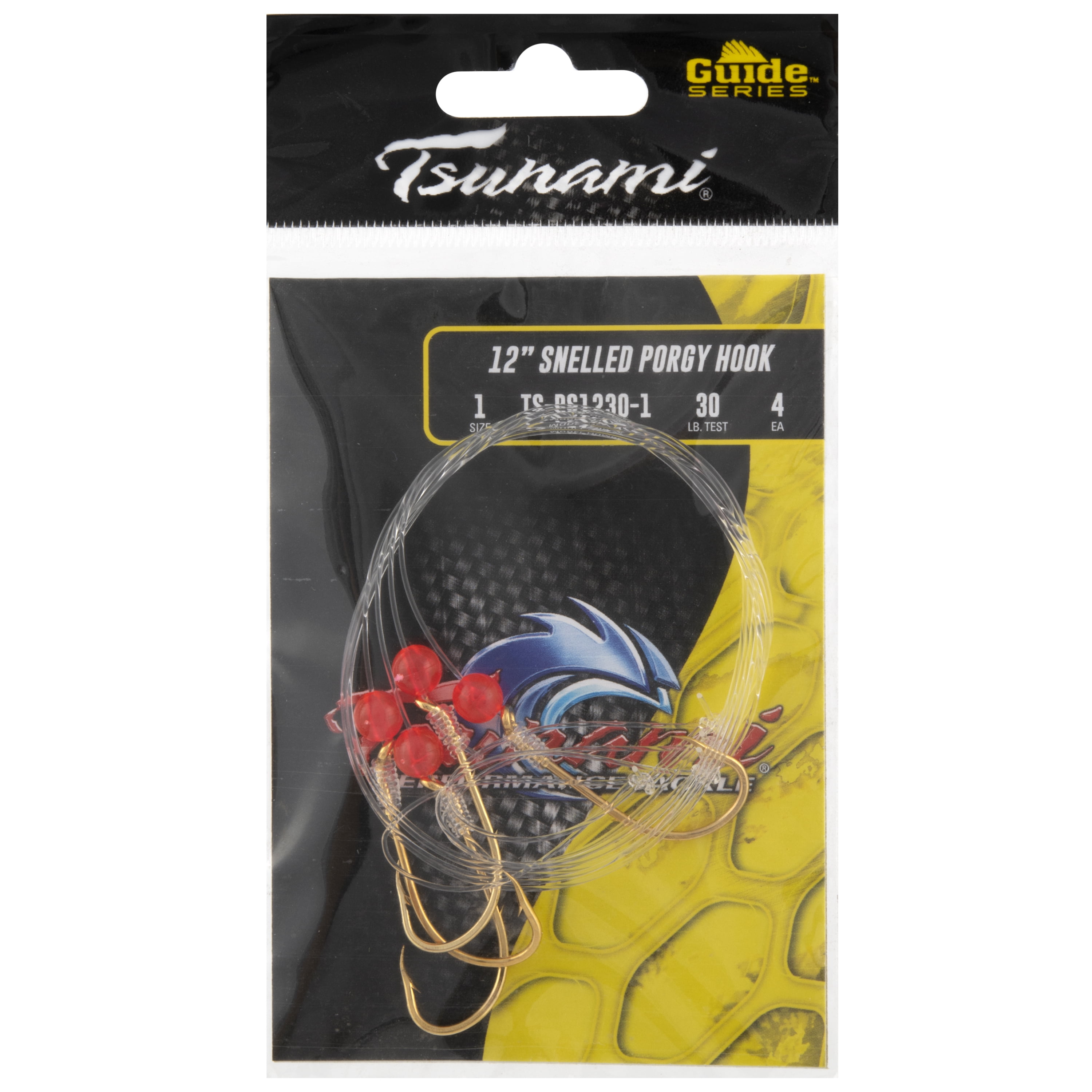 Tsunami Snelled Porgy Hook- Size 1- 12" 30lb Leader- 4 Pack, TS-PS1230-1