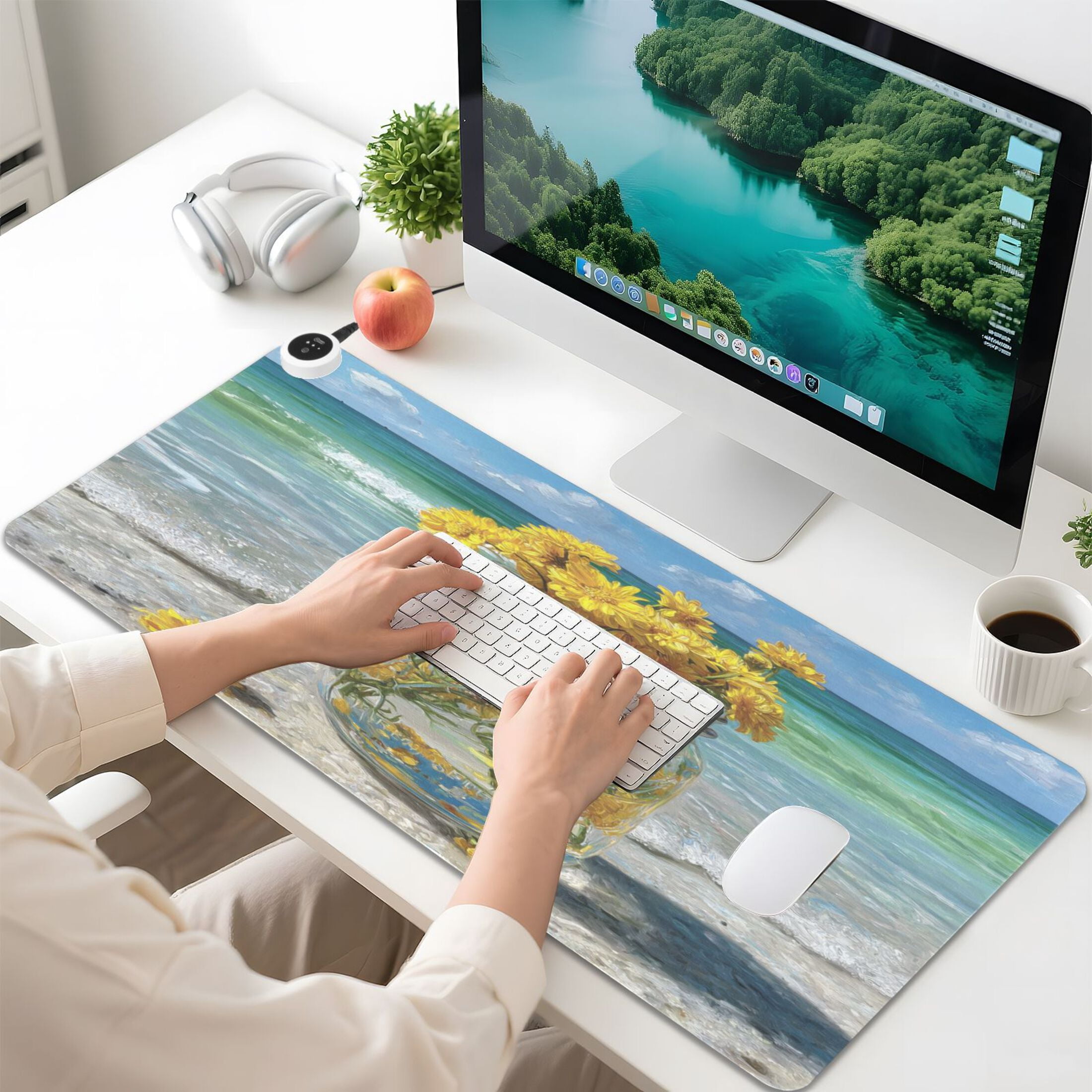Large Heated Desk Mat Mouse Pad 31.5"x13"PU Leather Graphene Heating Desk Warmer with 3 Temperature Settings 110V US Plug Non-Slip Warm Pad for Home, Office, and Gaming Yellow Daisy Glass Jar