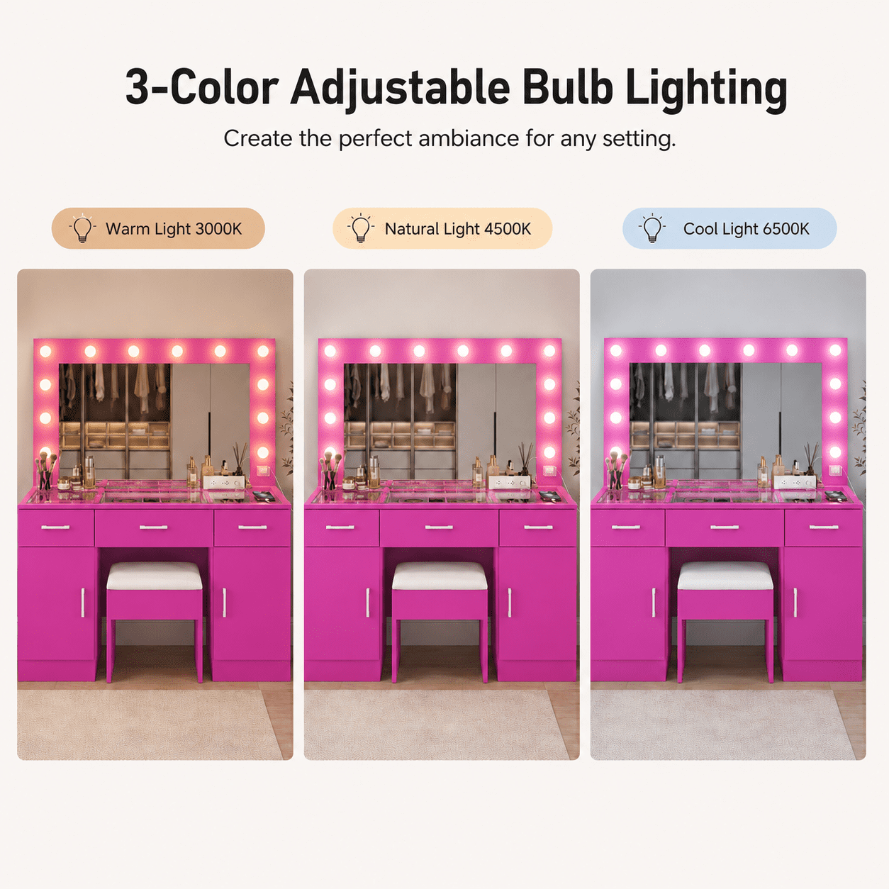 Ktaxon Large Makeup Vanity, Get Ready with Me GRWM Vanity Table Set w/ Visible Glass Top and Charging Station, Pink