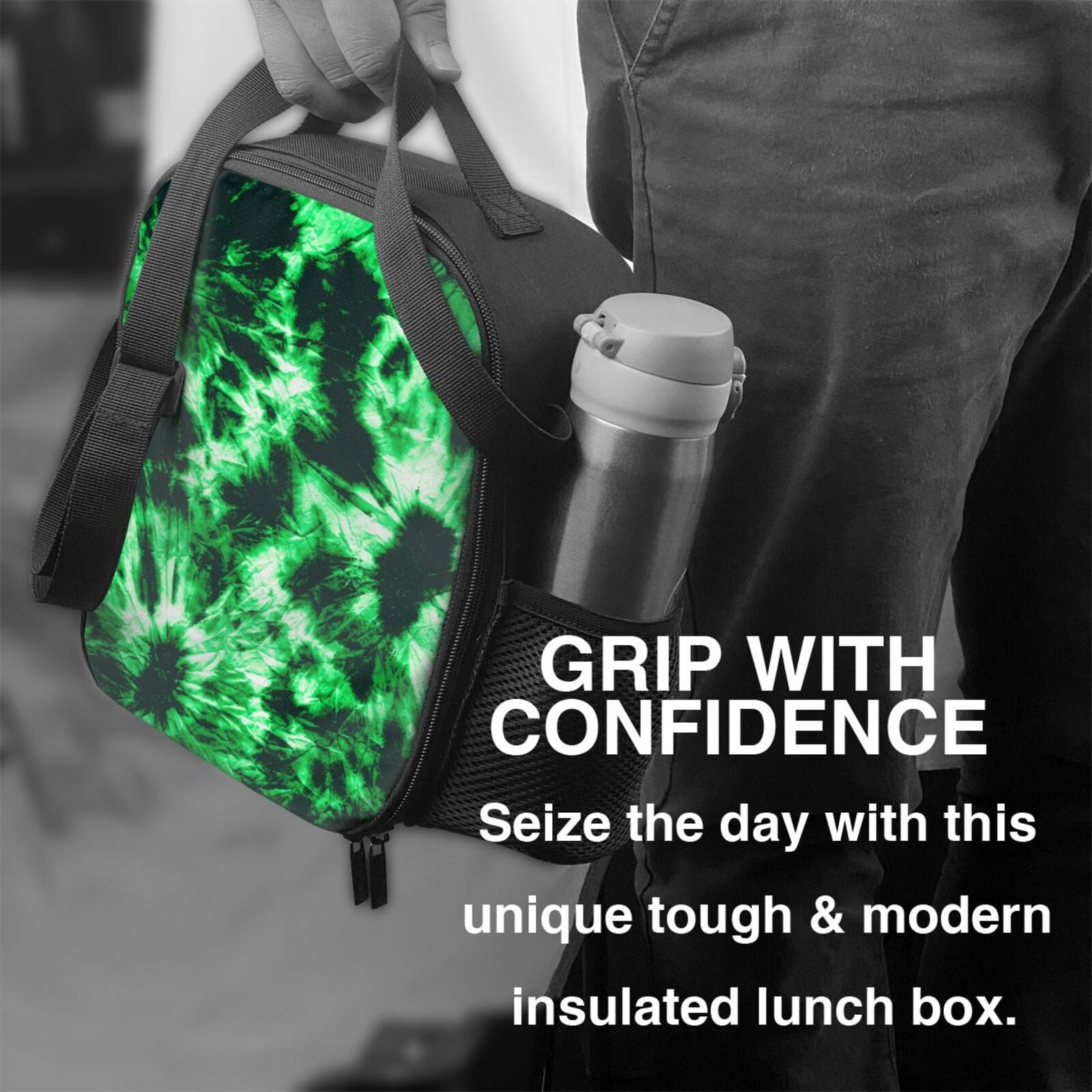 Defioc Green Tie Dye Print Lunch Box for Men & Women, Insulated Lunch Bag Thickened Thermal Leakproof Lunch Tote Bag for Adult Office Travel Picnic