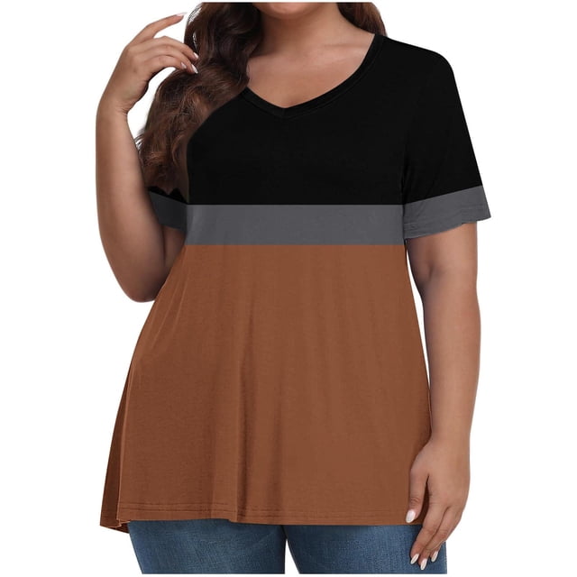 fheaev Hauts Grande Taille pour Femmes Haut d'Été Plissé Col Rond Manches Courtes Tunique Décontractée Basique Tee Blouses T-Shirts