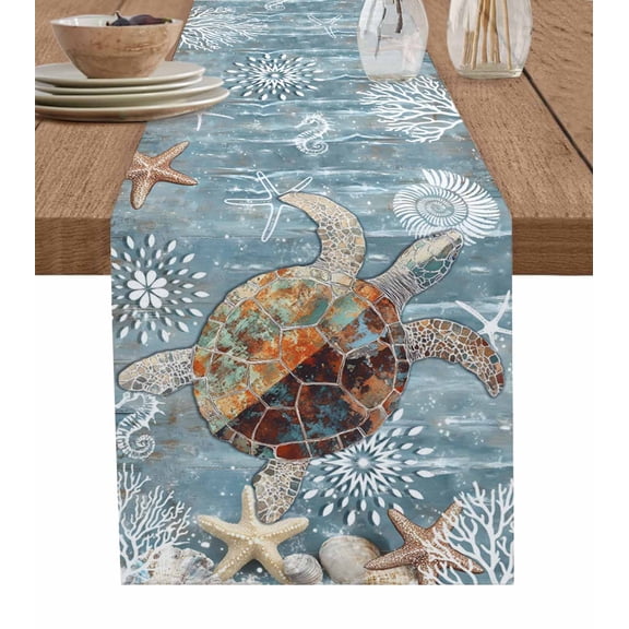 Table Runner 120 Inches Long for Kitchen Dining, Blue Sea Turtle Coastal Dresser Scarf Farmhouse, Dining Table Decorations for Wedding/Parties, Summer Beach Nautical Starfish Coral 13 x 120 In