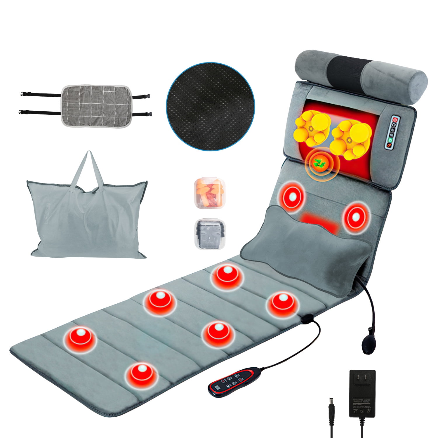 Full Body Electric Massage Mat with Heat & Vibration, Massage Pad Cushion with Neck Massager & Lumbar Pillow, 10 Vibration Motors, 3 Timer Modes, Anti-Slip Bottom with Earplugs