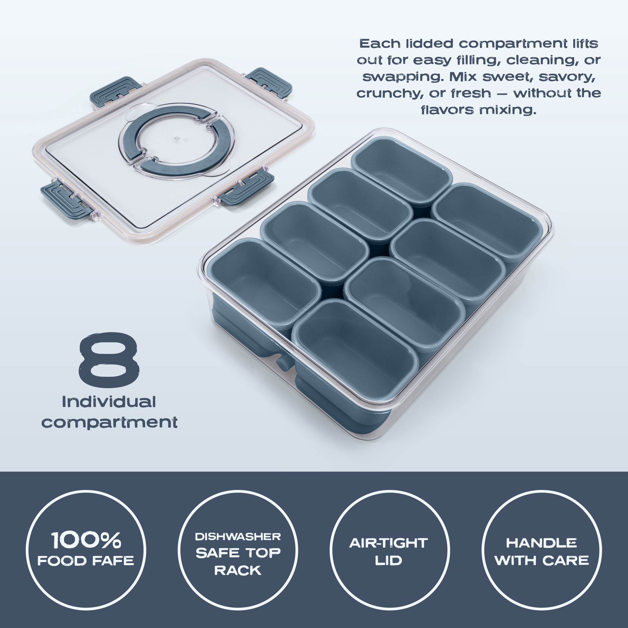 Cook with Color 8-Compartment Snack Box Food Storage Carrier, Charcuterie Container with Ice Pack, Portable and Dishwasher Safe, Leak Proof, Blue