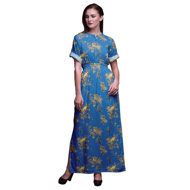 Bimba Rayon Black Berry & Yellow Sparrow Bird Printed Womens Long MaxiDressGown With Side Slit-Small