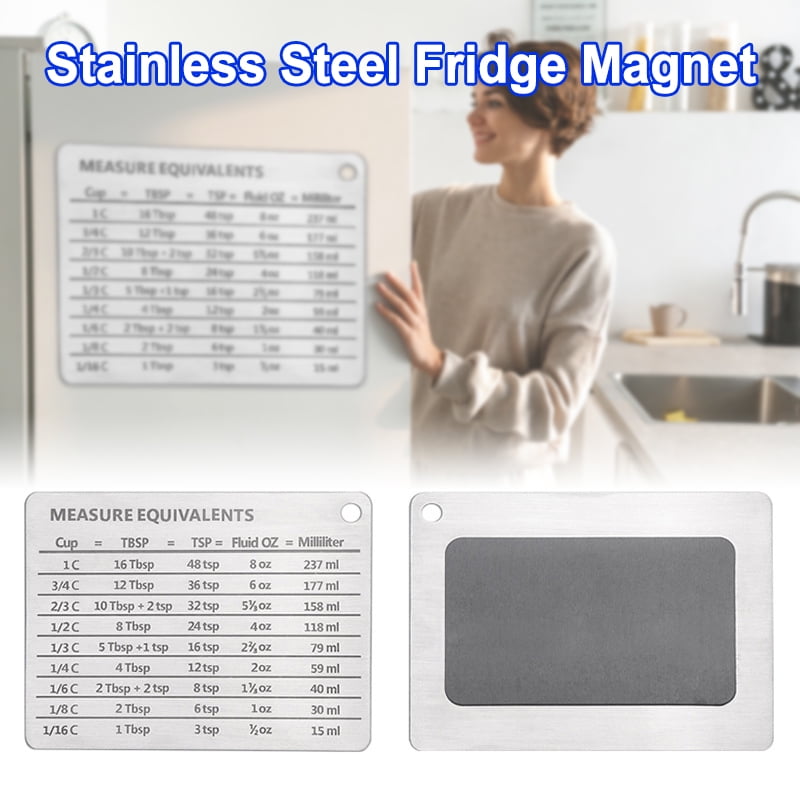 Fluid Oz and Milliliters​ Stainless Steel Measuring Conversion Refrigerator Magnet​ for Cups 11 x 8.5cm Teaspoons Tablespoons Professional Measurement Conversion Chart 