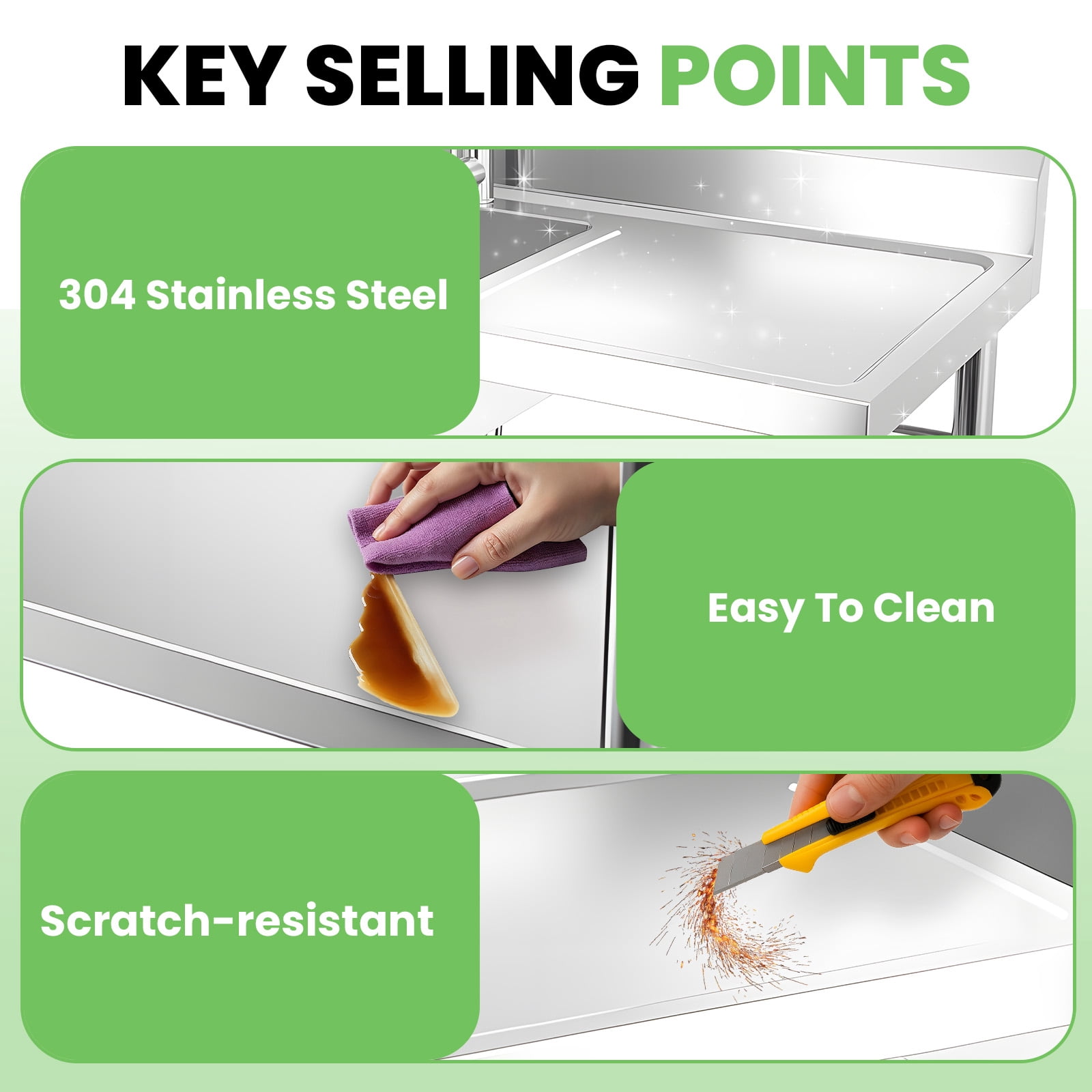 Washing Hand Basin, Stainless Steel Sink, Single Bowl Kitchen Utility Sink, Laundry Sink with Workbench Anti-Fingerprint Easy to Clean for Home and Commercial Laundry
