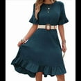 thumbnail image 3 of Vestidos de Mujer de Corta, Cintura Alta, Cuello Redondo, Liso, con Volantes en las Mangas, Azul y Verde L, 3 of 8