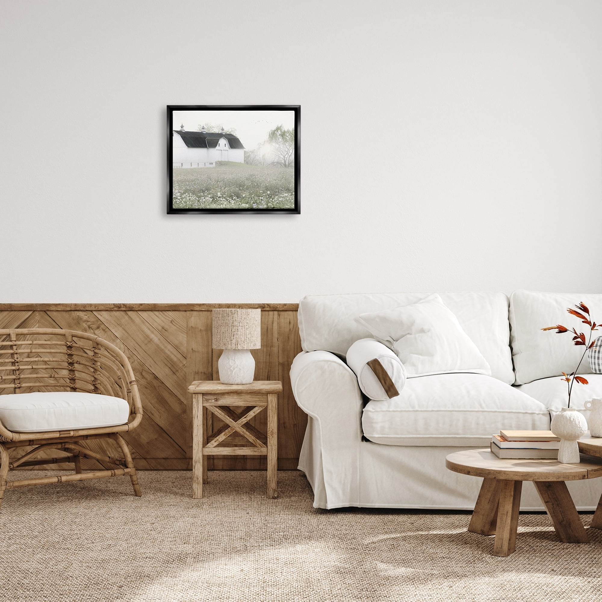 Stupell Industries Peaceful White Barn Countryside Meadow Blooming Buds Graphic Art Luster Gray Floating Framed Canvas Print Wall Art, Design by Lori Deiter