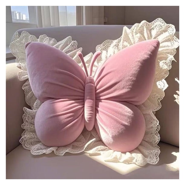 Elegante almohada en forma de mariposa con ribete de encaje, funda de cojín decorativa for dormitorio