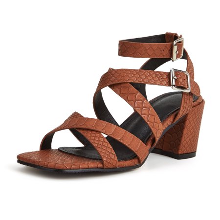 

Women‘s Cross Strap High Heel Sandals Solid Color Square Toe & Open Toe Block Heels Retro Ankle Strap Shoes