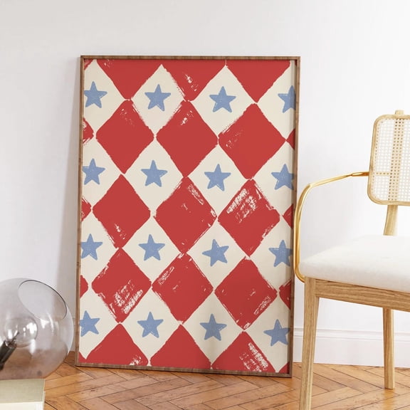 Checkered Stars Red White Blue 4th Of July Patriotic Room Decor, Unframed Paper Poster 8x10in