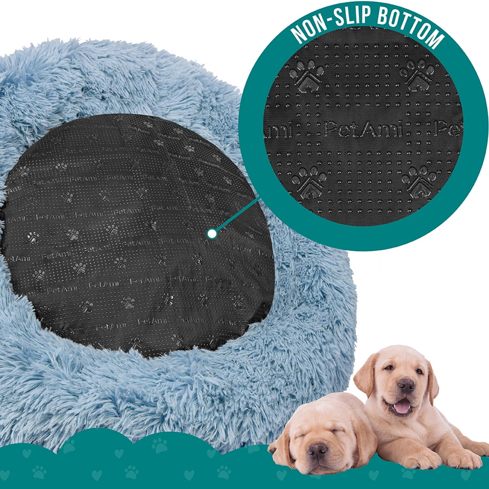 PetAmi Calming Dog Bed for Small & Medium Dogs and Cats, 23 Round Donut Dog Bed, Washable Fluffy Faux Fur Puppy & Cat Bed, Anti-Anxiety Plush Cuddler Pet Bed with Anti-Slip Bottom - Blue