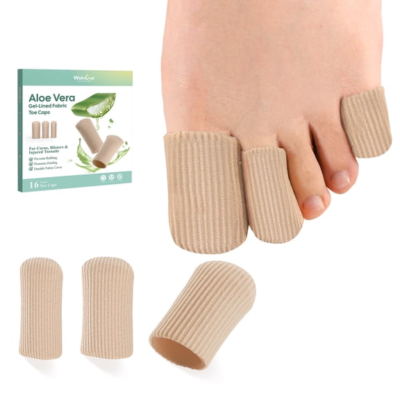 Welnove Toe Caps and Protectors - 16 Pack Aloe Vera Extract Infused Silicone Toe Sleeve - Fabric Toe Covers with Gel Lining - Toe Cushions for Pain Relief, Corns, Blisters & Ingrown Toenails
