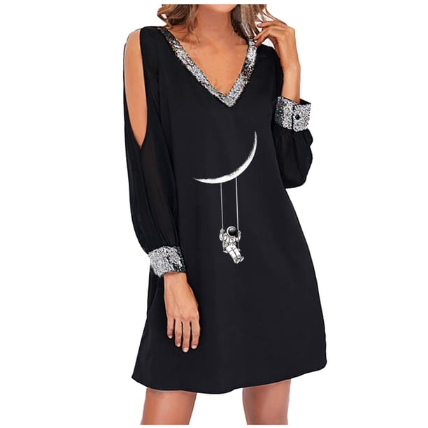 Mini vestido de manga larga con cuello en V sin tirantes con estampado informal sexy para mujer a la moda Pompotops hdfakjf5814