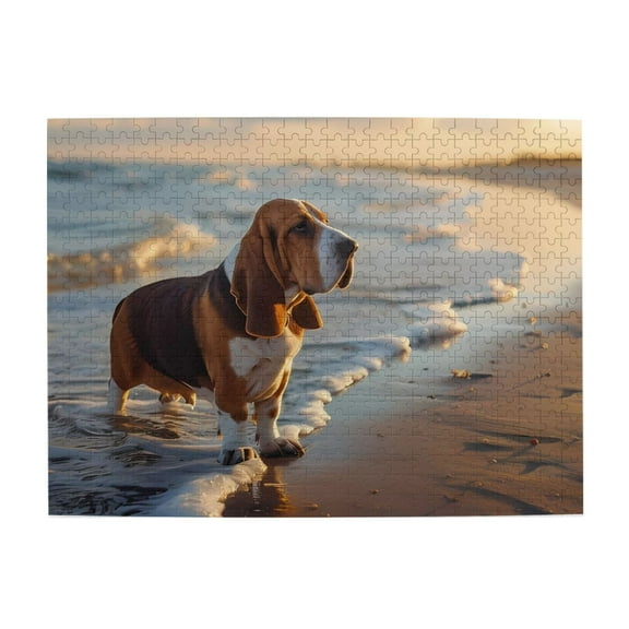 Basset Hound On Beach Sand 500-Piece Wooden Jigsaw Puzzle for Adults, Fun & Challenging Family Game, Stylish Wall Decor & Holiday Gift