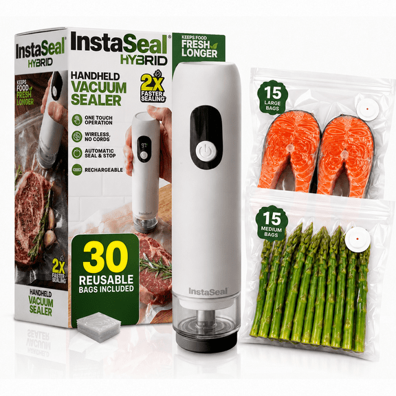 Instaseal Hybrid Handheld Vacuum Sealer, Cordless Rechargeable Food Sealer Machine with 30 Reusable Bags, Auto Seal for Meat, Produce & Liquids