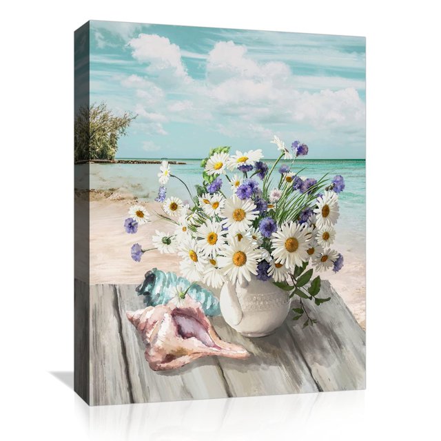 HGTUSJHC Lienzo de baño para pared, diseño de flores, playa, decoración moderna de la pared, pintura de margaritas, obras de arte enmarcadas para dormitorio, acuarela, océano, decoración de pared, col