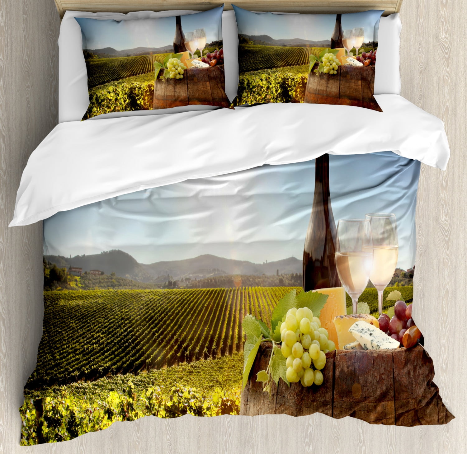 Wine Duvet Cover Set King Size, White Wine with Barrel on Famous