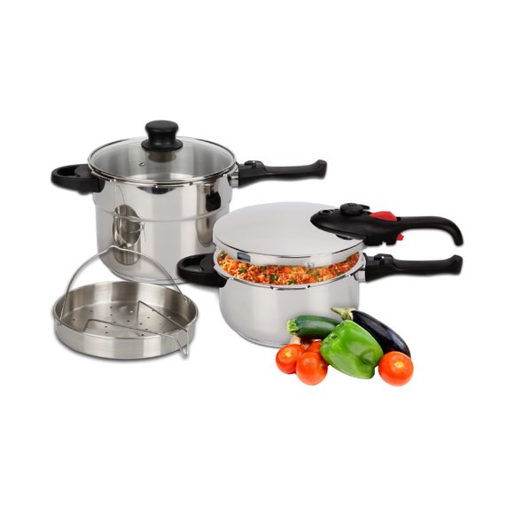 Set de ollas de presión Bogner de 4 y 6 l acero inoxidable 18/8 con tapa de cristal y vaporera