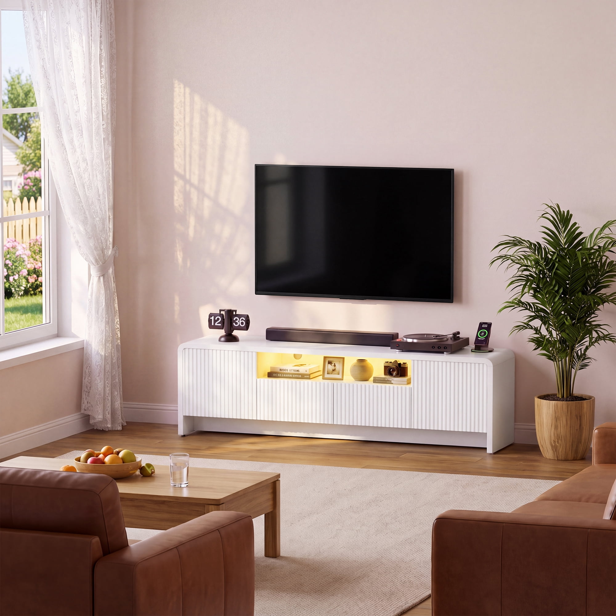 Lacoo 70 Inch Fluted TV Stand for 55-75 Inch TVs, Entertainment Center with Charging Station and RGB LED Lights, Media Console with 2 Drawers and Storage Cabinets for Living Room, White