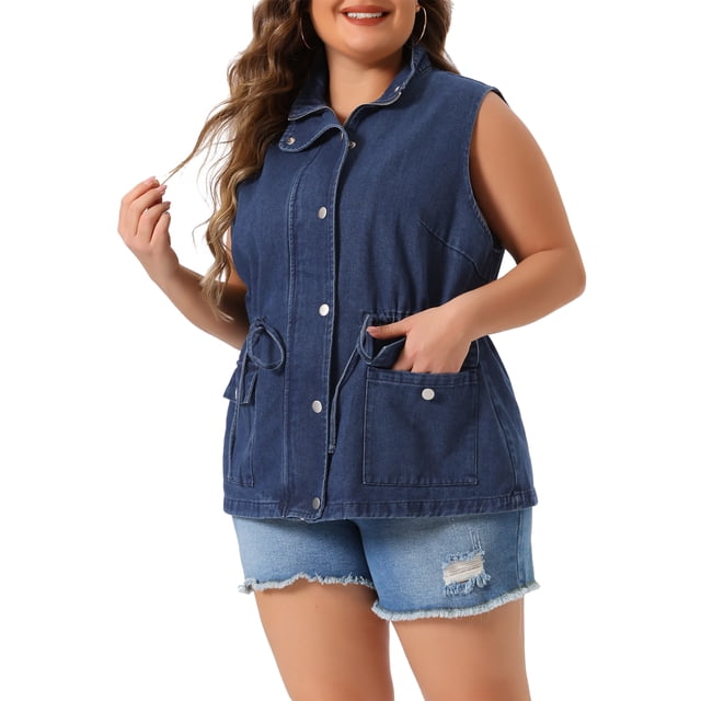 GRACE & GRANDEUR Women's Plus Size Fashion Sleeveless Jacket Drawstring Zip Denim Vest 2X Dark Blue