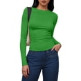 thumbnail image 2 of COMVALUE Double Lined High Round Neck Long Sleeve Tops for Women with Built in Bra Nylon Basic Crop Fall Tee Shirts (Green, L), 2 of 4