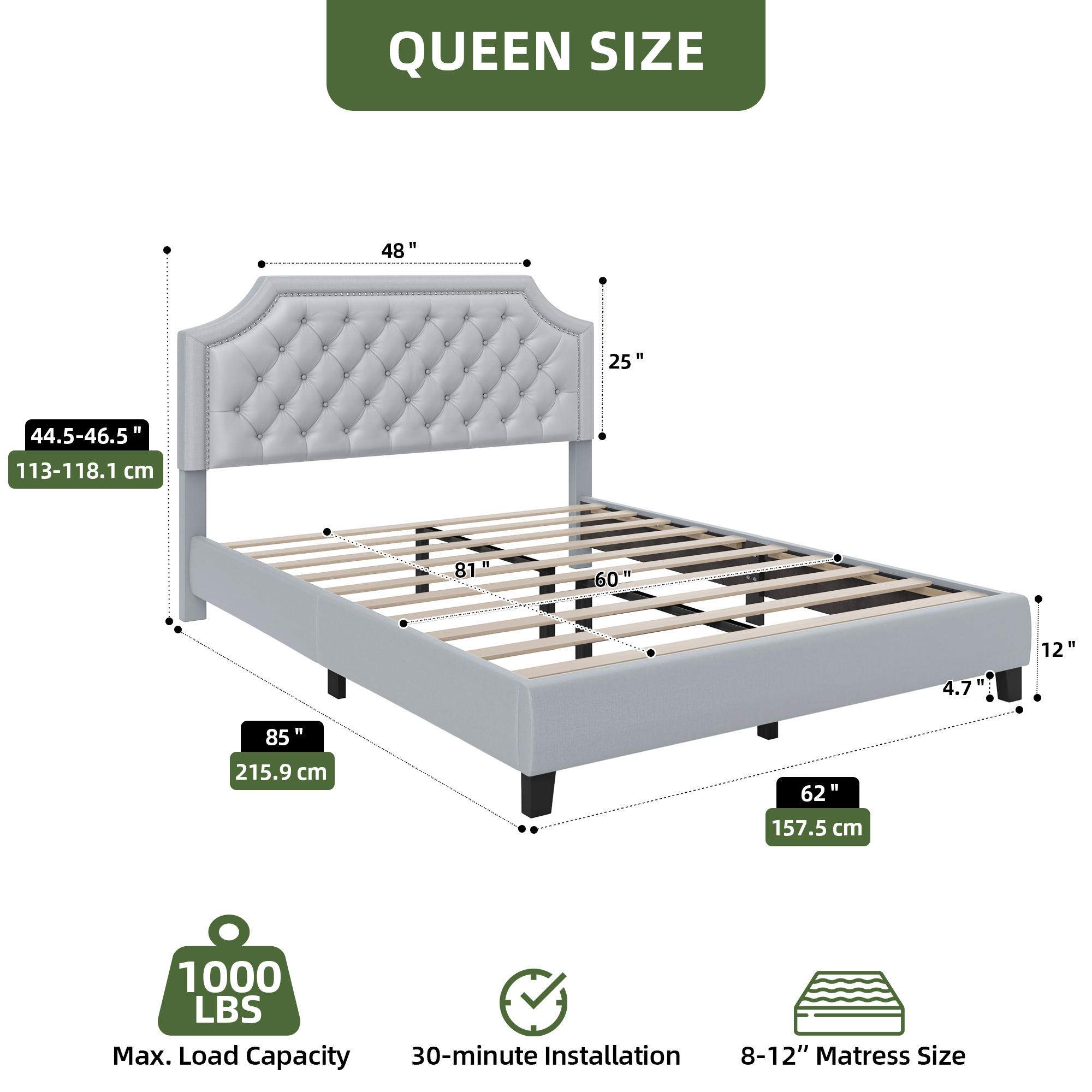 Uforic Queen Size Bed Frame with Adjustable Headboard, Upholstered Tufted Platform Bed Frame, Gray