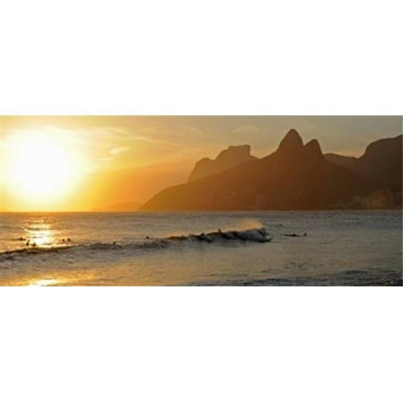 Surfers At Sunset On Ipanema Beach Rio De Janeiro Brazil Poster Print, 30 x 13