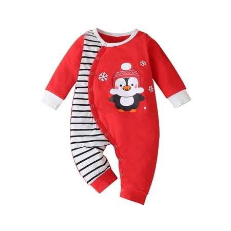 

YWDJ 2022 Onesies for Baby 3-18M Newborn Infant Baby Boys Girls Christmas Penguin Cartoon Striped Romper Jumpsuit Red 68