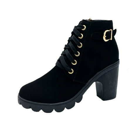 

Boots Women Shoes Women Fashion High Heel Lace Up Ankle Boots Ladies Buckle Platform Artificial Leather Shoes bota feminina 2023 Black 40