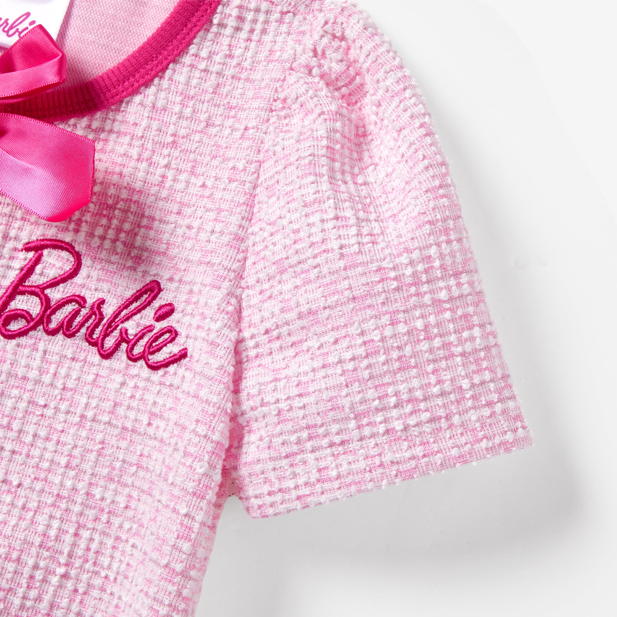 Barbie Toddler Girls Dresses Pink Tweed Crew Neck Bowknot Single Breasted Knit Outfits Sizes 2-12