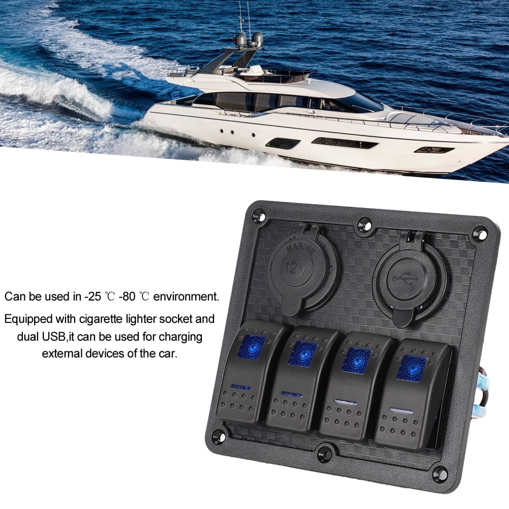 12V 24V Boat Switches Panel 4 Gang Rocker Switch Panel IP65 Waterproof With Lighter Socket 2 USB
