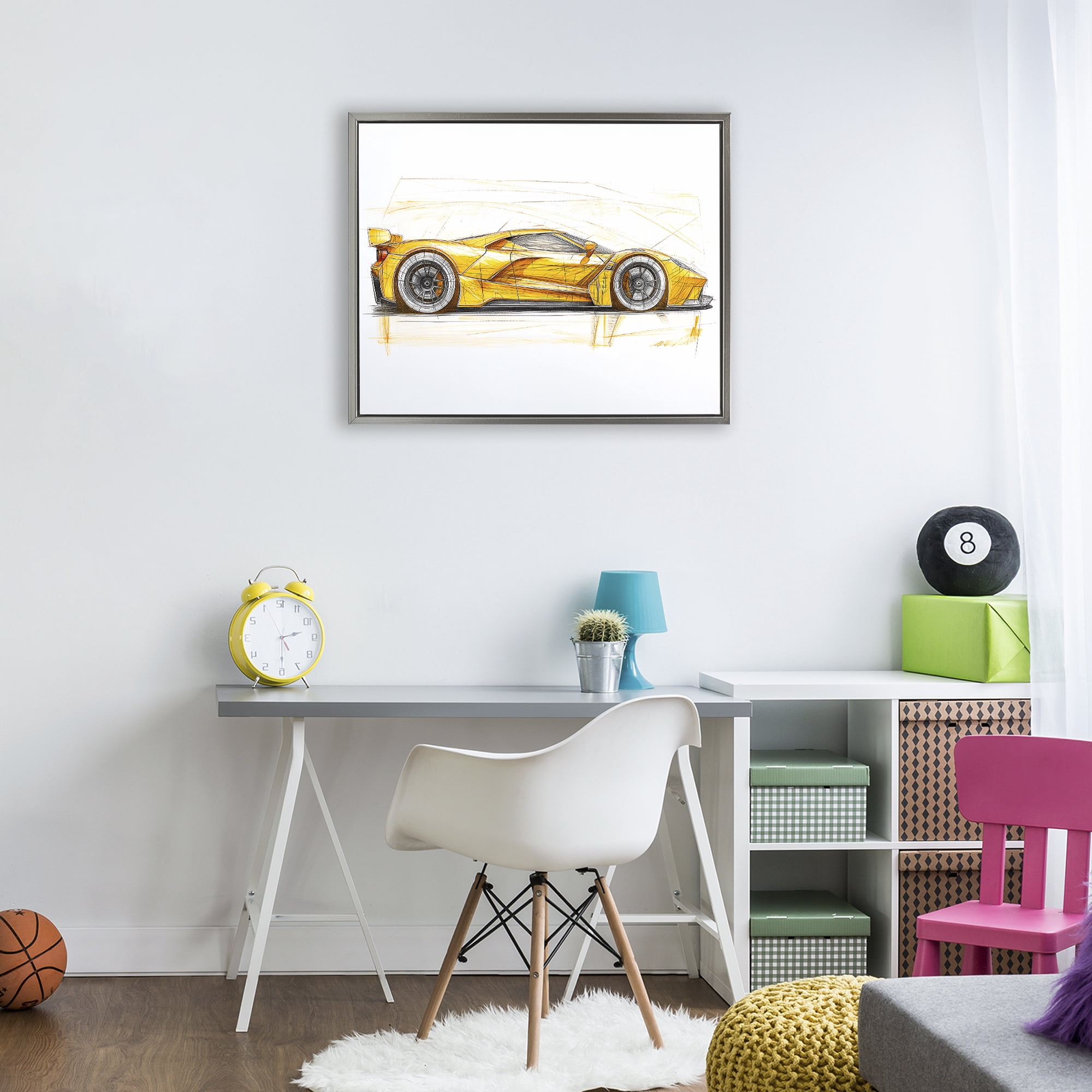 Stupell Industries Yellow Sports Car Whimsicality Gray Framed Floater Canvas Wall Art, design by Steve Hunziker