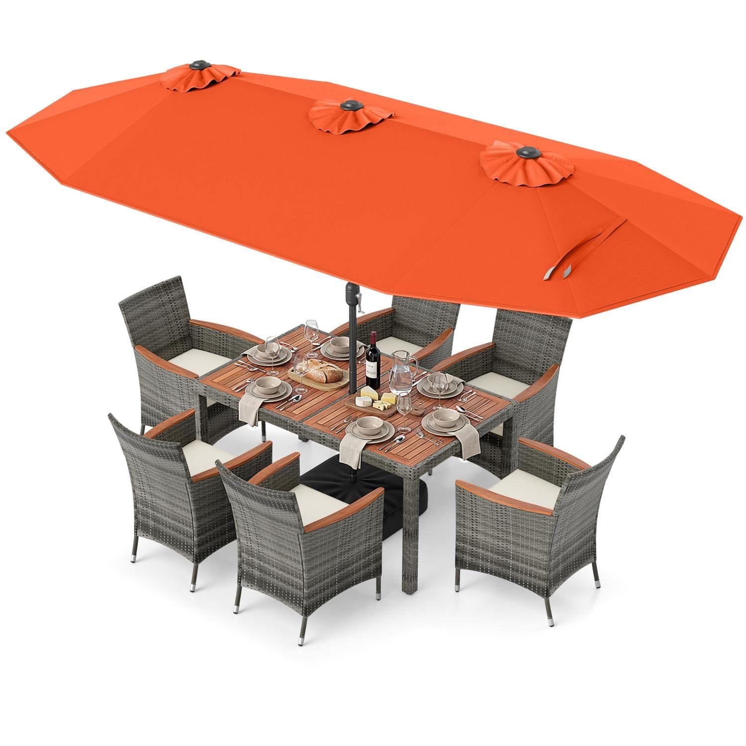 Resenkos 8 Piece Outdoor Wicker Dining Furniture Set, 13.5 FT Double Sided Patio Umbrella with Solar LED Lights for Patio Dining, Orange