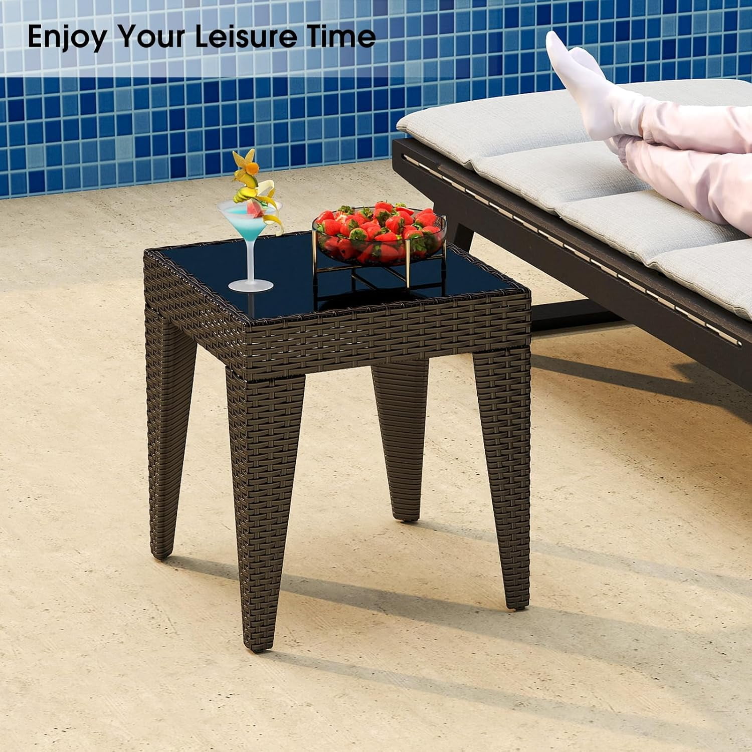 Kinbor Outdoor Furniture Patio Table Wicker Coffee Table, Square End Table Tempered Glass Top with Storage, Brown
