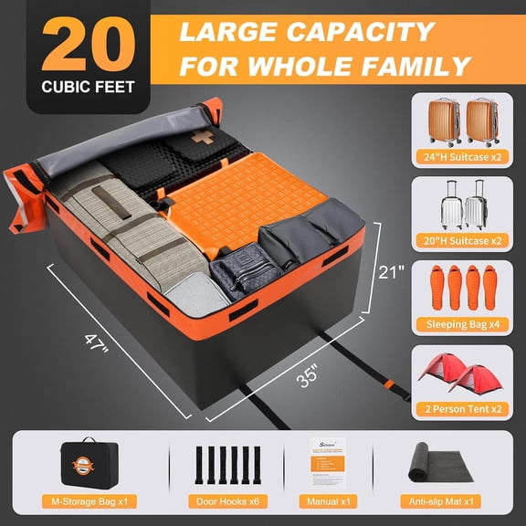 Rooftop Cargo Carrier 20 Cubic Waterproof Soft Shell Car Top Bag with Anti-Slip Mat & Door Hooks for SUVs Vans Trucks Without Roof Rack Cross Bar