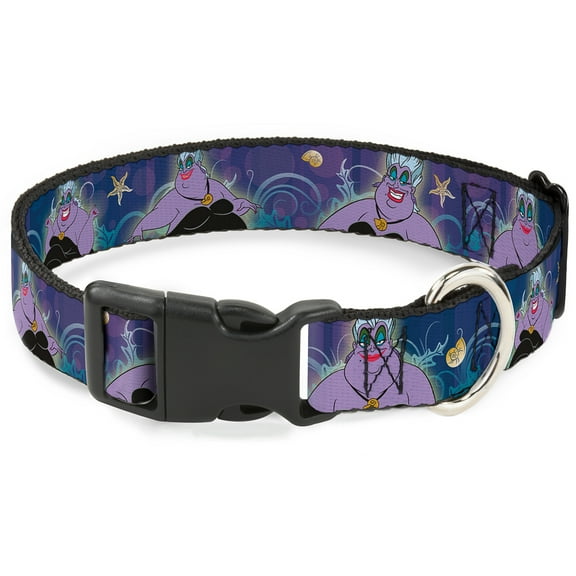 Disney Pet Collar, Dog Collar Plastic Buckle, Ursula Poses Shells Ivy Bubbles Purples Blues, 7 to 8.5 Inches 0.5 Inch Wide