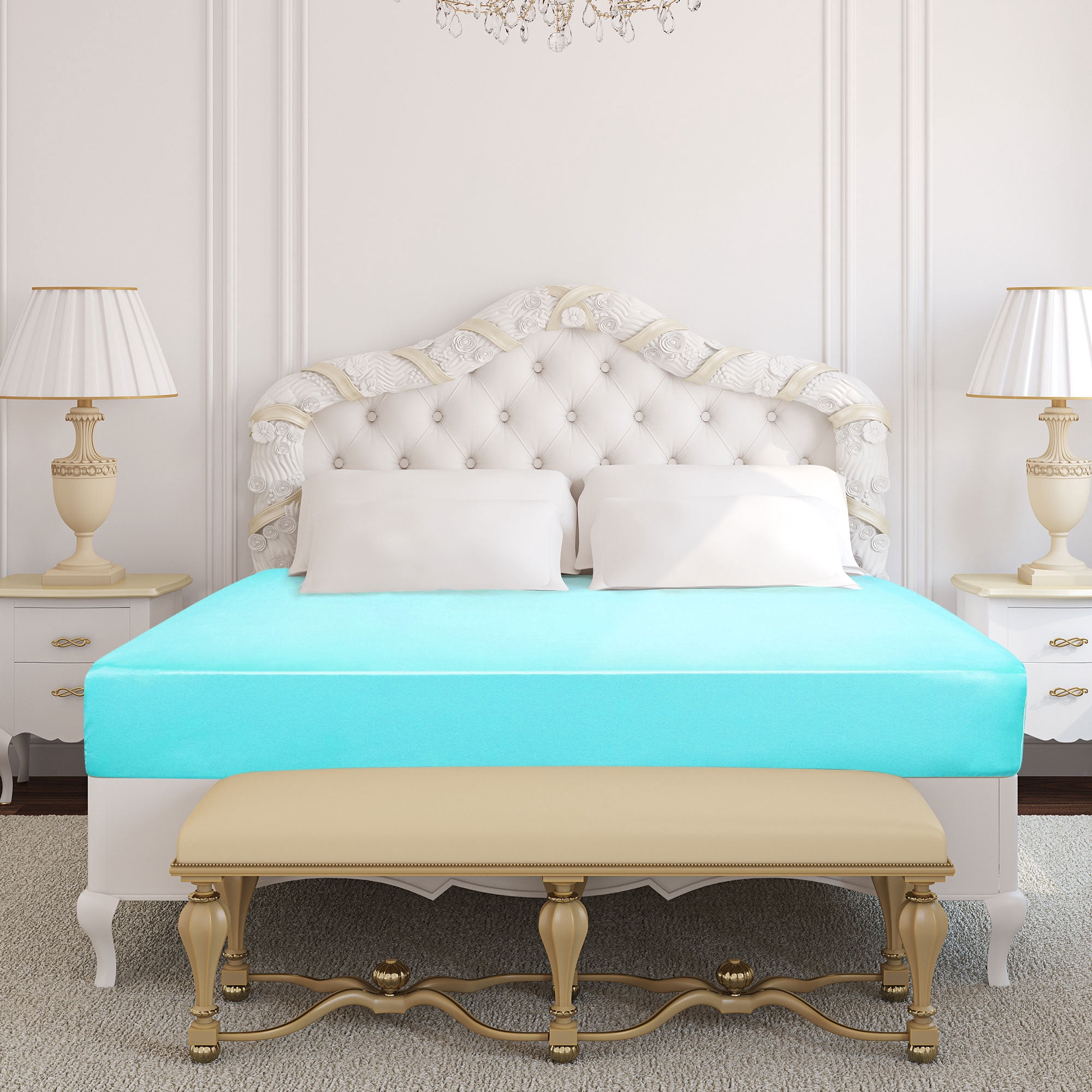 Unique Bargains 12" Large Pocket Satin Silk Fitted Sheet Queen Cyan
