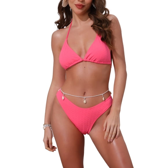 INSPIRAR CHIC Conjuntos de Bikini de Tejido Waffle para Mujeres de 2 Piezas con Top de Doble Atado y Parte Inferior Triangular con Cuerda de Cintura de Concha Trajes de Baño Grande Rosa Fluorescente