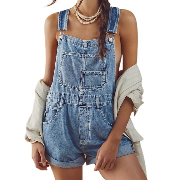 Womens Overalls Shorts Denim Bib Straps Shorts Casual Solid Color Rompers Jumpsuits With Pockets Pants
