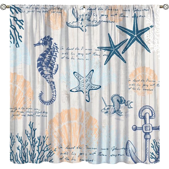 Coastal Sea Animals Curtains for Living Room Vintage Farmhouse Wooden Background Anchor Starfish Seahorse Shells Coral Ocean Beach Themed Rod Pocket Window Curtains for Home Decor 42x54in