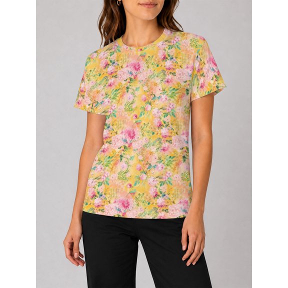 Women's All-Over Print Watercolor Yellow Pink T-Shirt Short Sleeve Crewneck Casual Summer Tee Tops