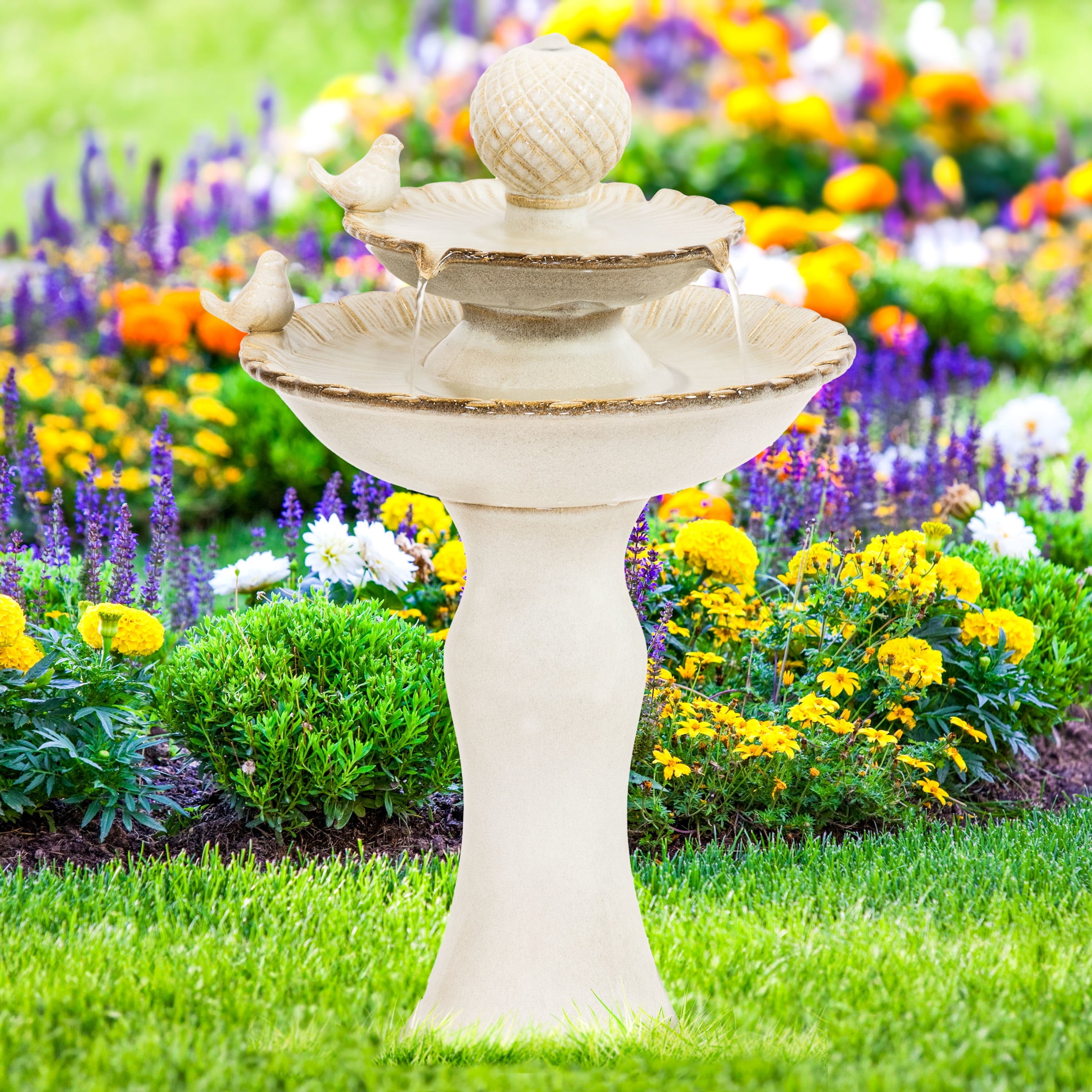Sunnydaze White Resting Birds Contemporary Ceramic 2-Tiered Outdoor Water Fountain
