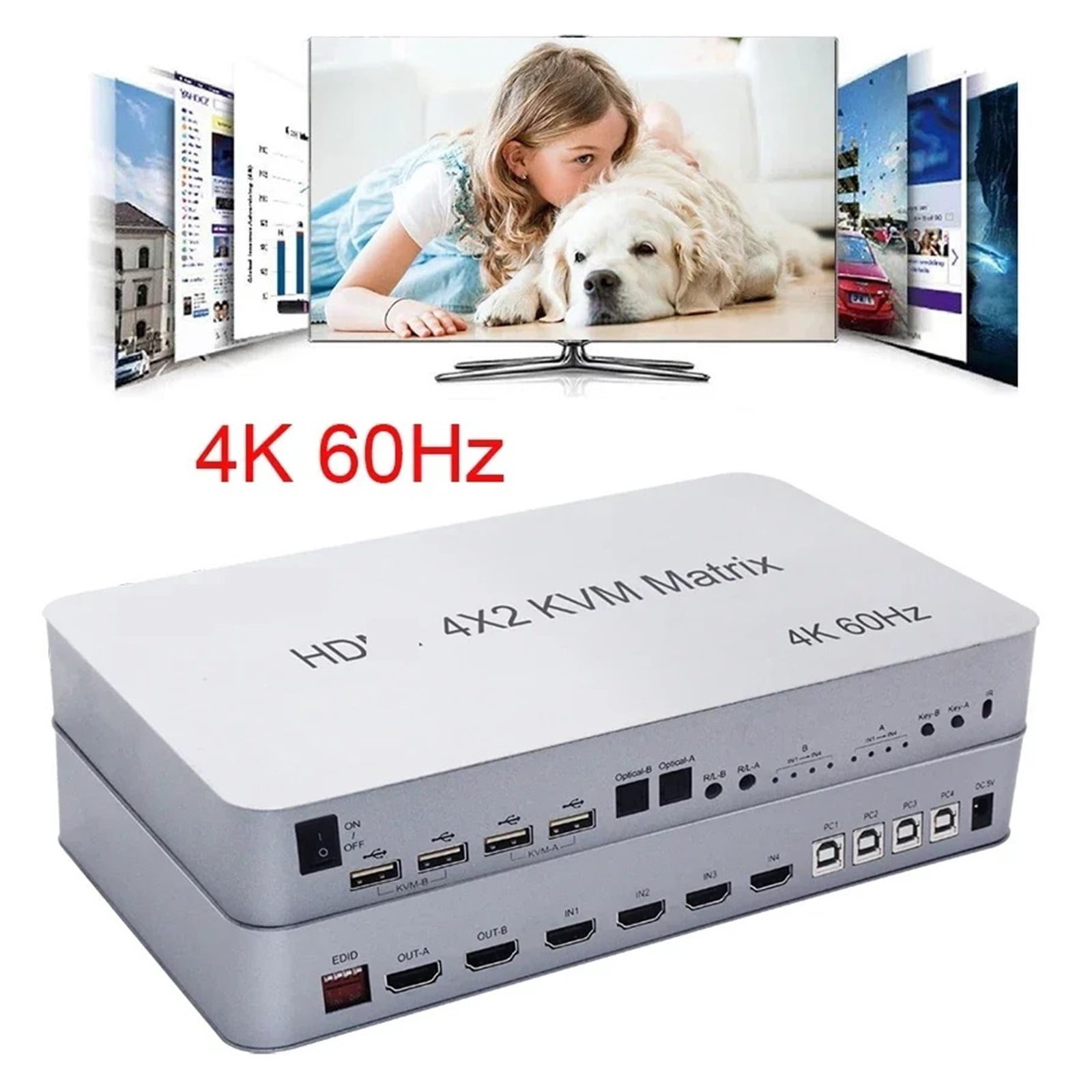 4x2 4K 60Hz KVM Switcher, Smart HD Media Hub for 4 Computers